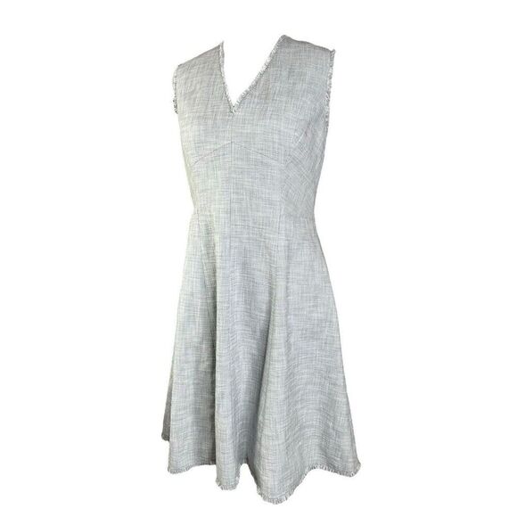 Rebecca Taylor Slub Suit Dress 8 Light Gray Sleevless Fit & Flare Woven Cotton - Picture 5 of 13